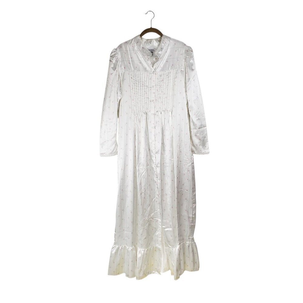 Laura Adams Long Sleeve Nightgown White Satin Modest Button Up Womens Large